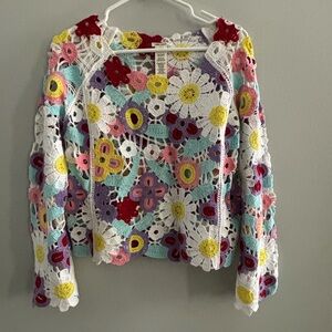 Ultra Pink Cotton Acrylic Crochet Daisy Open-Knit Flare-Sleeve Top Size Medium